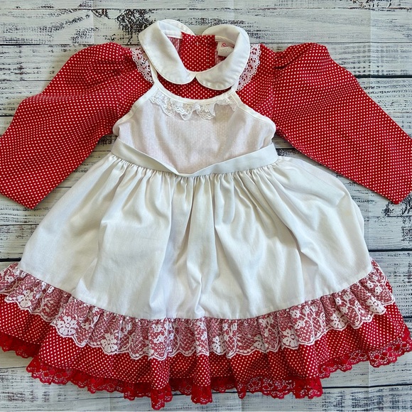 Charming Vintage Red and White Polka Dot Lace Ruffled Girls Dress - Picture 1 of 8